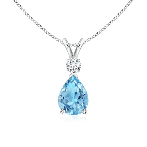 Prong-Set Swiss Blue Topaz Teardrop V-Bale Pendant with Diamond